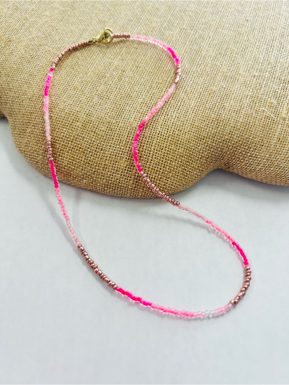 Hand Crafted Pink Ombre Beaded Necklace with Rose Gold Accents